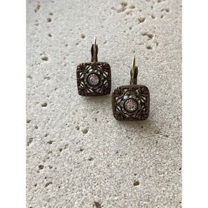 Bronze Tone Filigree Earrings Rhinestone Leverback Pink Square Romantic
